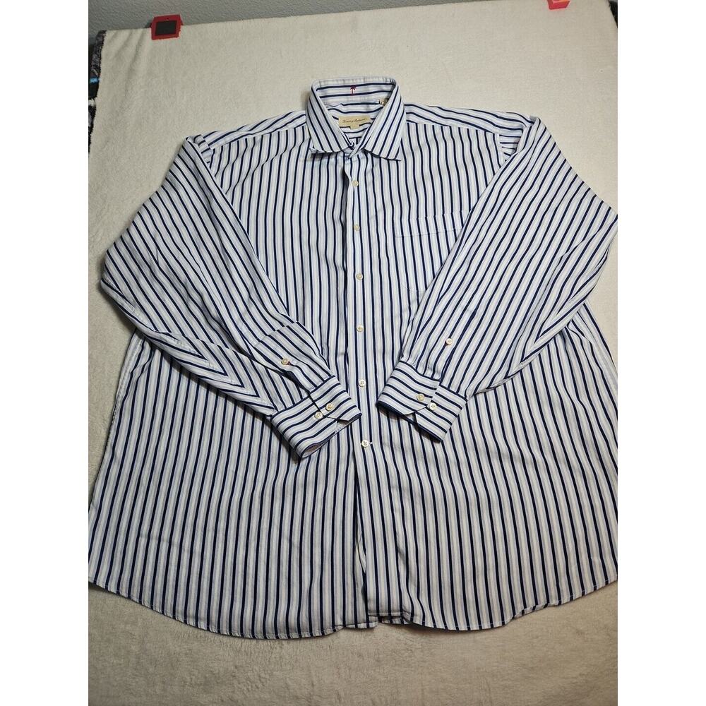 Tommy Bahama Shirt Mens 18 34 35 Blue White Button Up Long Sleeve Striped